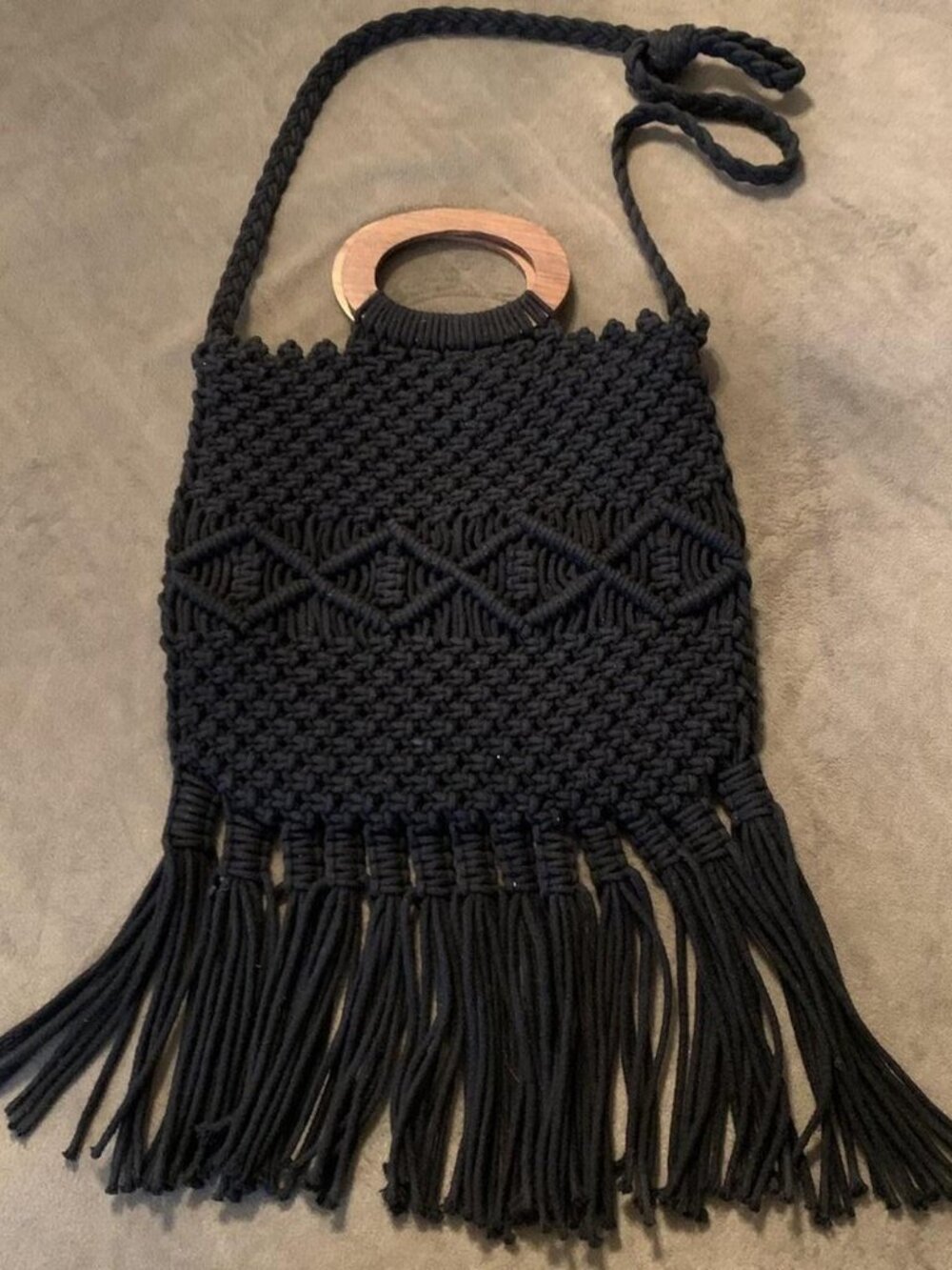 Danielle Nicole Black Macrame Crochet Wood Fringe Handbag